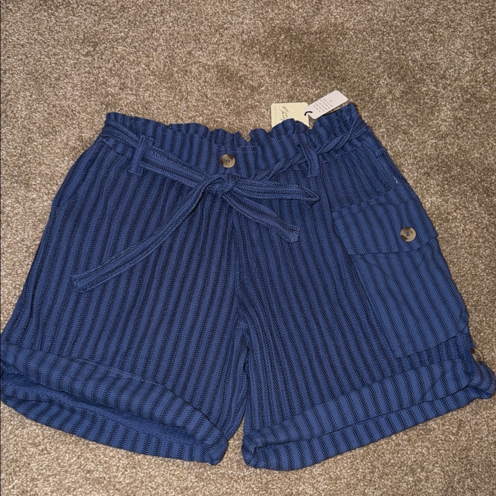 Free People Blue High-Waist Textured Drawstring Shorts